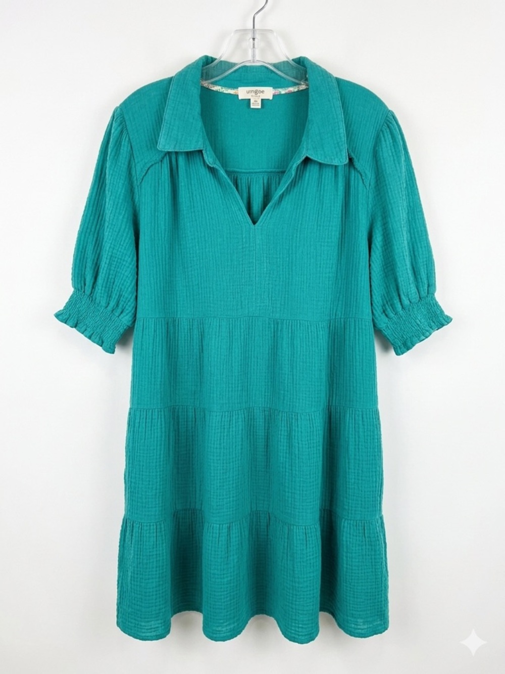 Umgee Teal Textured V-Neck Tiered Dress